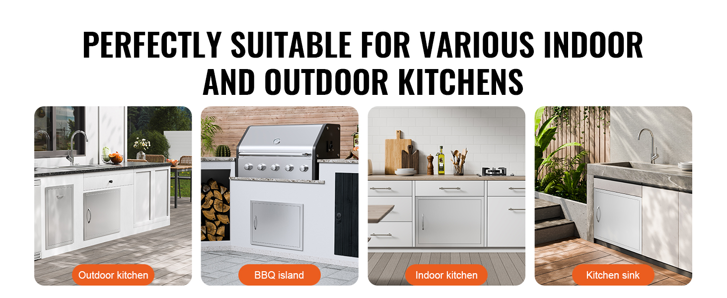 VEVOR bbq access door for indoor and outdoor kitchens, featuring bbq island, kitchen sink, and cabinets.