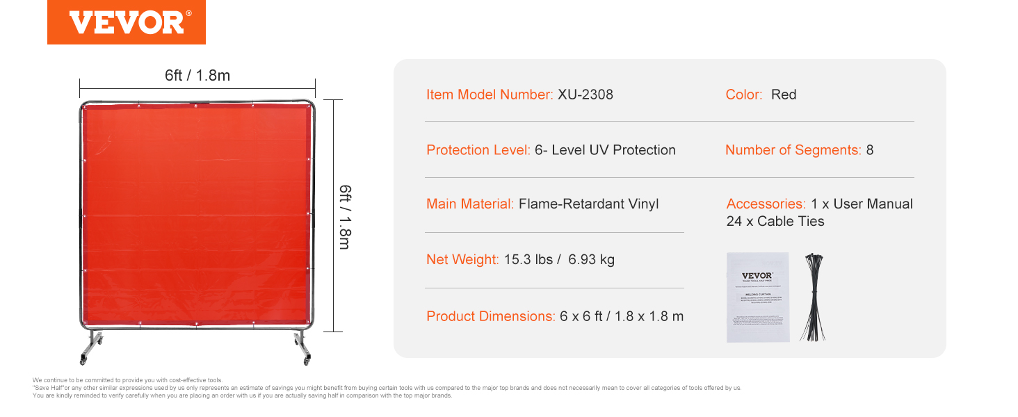 VEVOR welding screen, 6ft x 6ft, red, flame-retardant vinyl, includes manual and 24 cable ties.