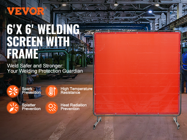 VEVOR welding screen with frame in a factory setting, offering spark and splatter prevention.