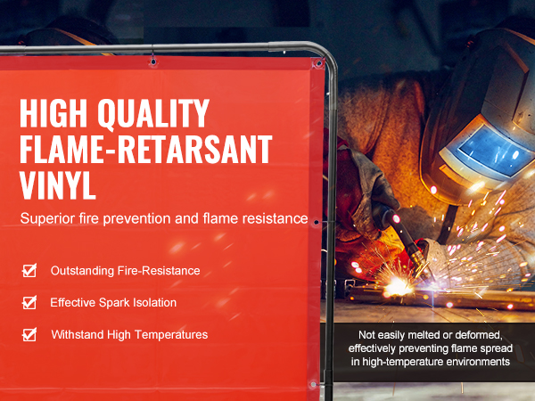 VEVOR welding screen with flame-retardant vinyl ensures fire resistance, spark isolation, and high-temperature durability.