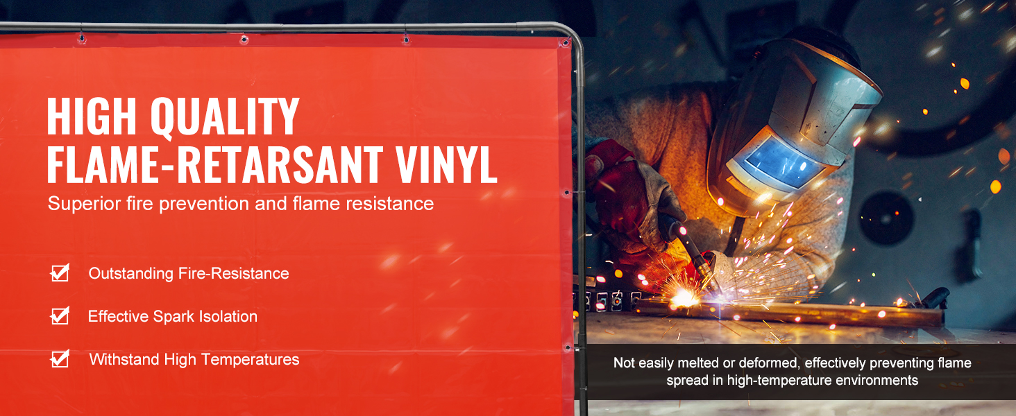 VEVOR welding screen with flame-retardant vinyl ensures fire resistance, spark isolation, and high-temperature durability.