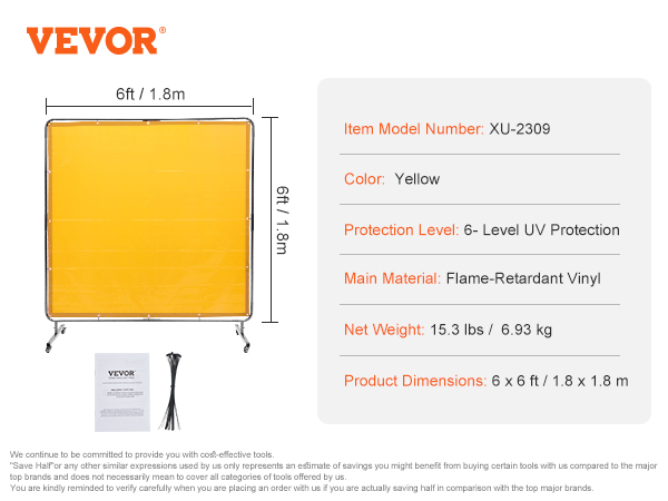 VEVOR welding screen, 6ft x 6ft yellow flame-retardant vinyl, 15.3 lbs, uv protection, includes cable ties.