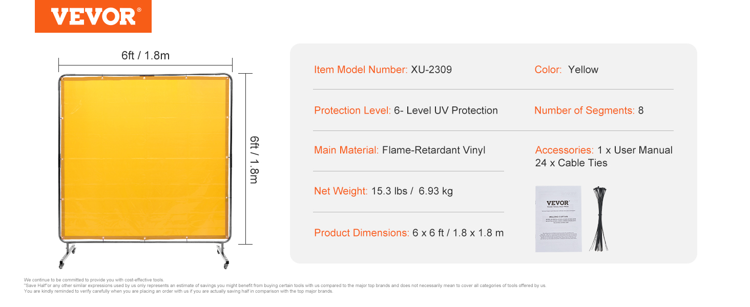 VEVOR welding screen, 6ft x 6ft yellow flame-retardant vinyl, 15.3 lbs, uv protection, includes cable ties.
