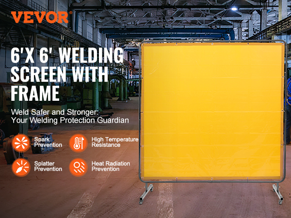 VEVOR welding screen 6' x 6' with frame in an industrial workspace, highlighting safety features.