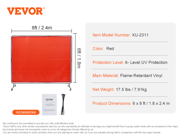 VEVOR welding screen, 6-level uv protection, flame-retardant vinyl, dimensions 6x8 ft, red color.