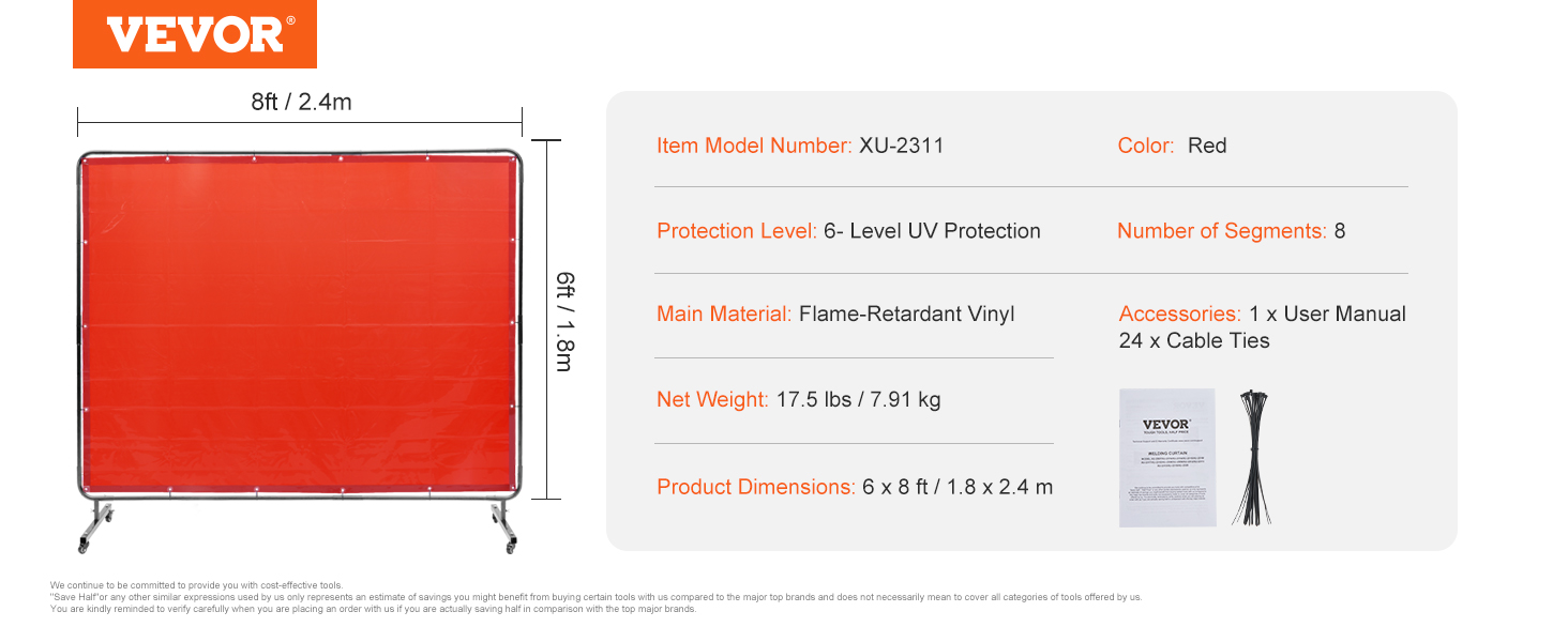 VEVOR welding screen, 6-level uv protection, flame-retardant vinyl, dimensions 6x8 ft, red color.