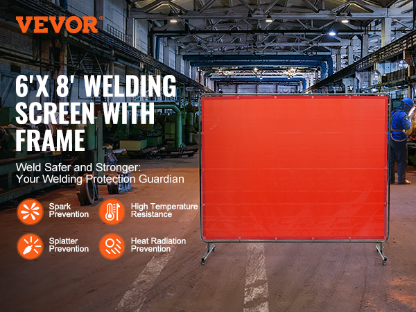 VEVOR welding screen with frame, 6'x8', for spark, splatter, and heat radiation prevention in a factory.