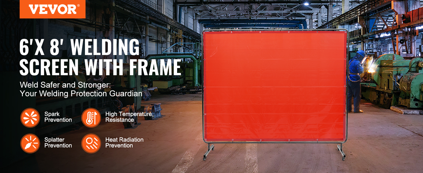 VEVOR welding screen with frame, 6'x8', for spark, splatter, and heat radiation prevention in a factory.