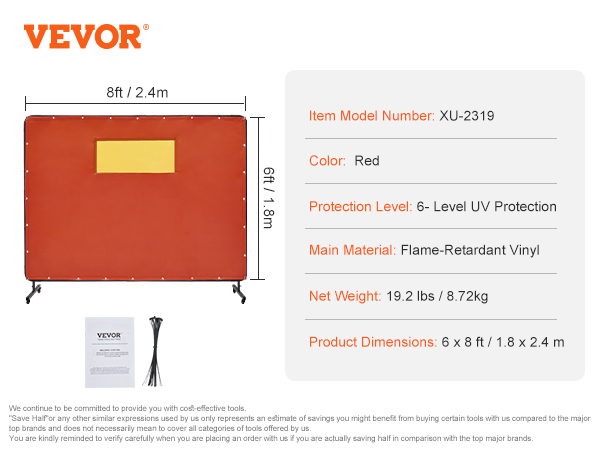 VEVOR welding screen, 6 x 8 ft, flame-retardant vinyl, red, uv protection, xu-2319 model, includes manual.