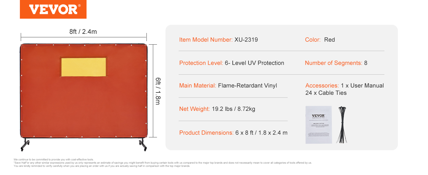 VEVOR welding screen, 6 x 8 ft, flame-retardant vinyl, red, uv protection, xu-2319 model, includes manual.