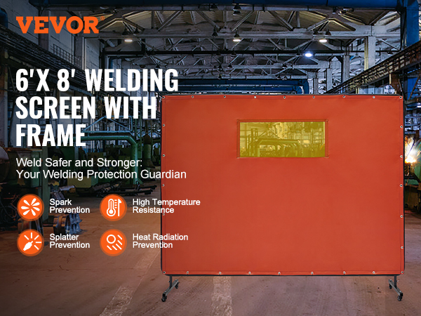 VEVOR welding screen 6'x 8' with frame in an industrial setting, highlighting its safety features.