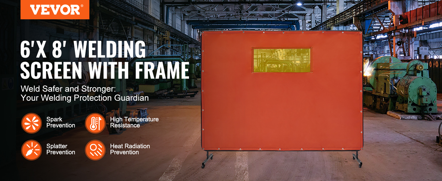 VEVOR welding screen 6'x 8' with frame in an industrial setting, highlighting its safety features.