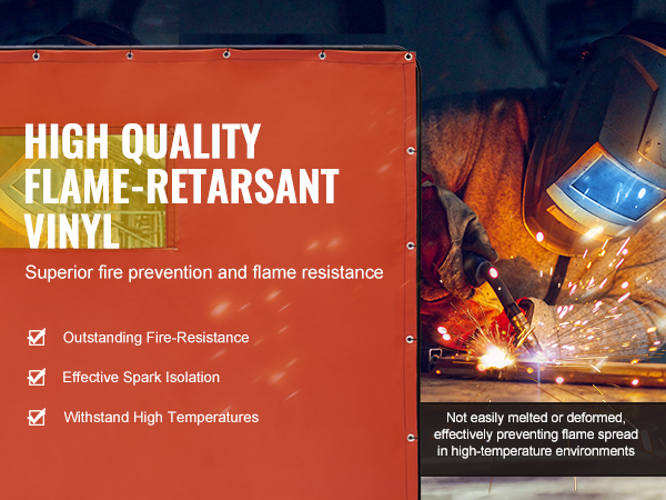 VEVOR welding screen with high-quality flame-retardant vinyl, offering fire resistance and spark isolation.