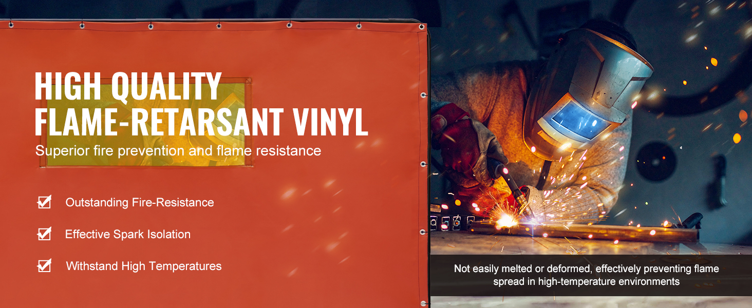 VEVOR welding screen with high-quality flame-retardant vinyl, offering fire resistance and spark isolation.