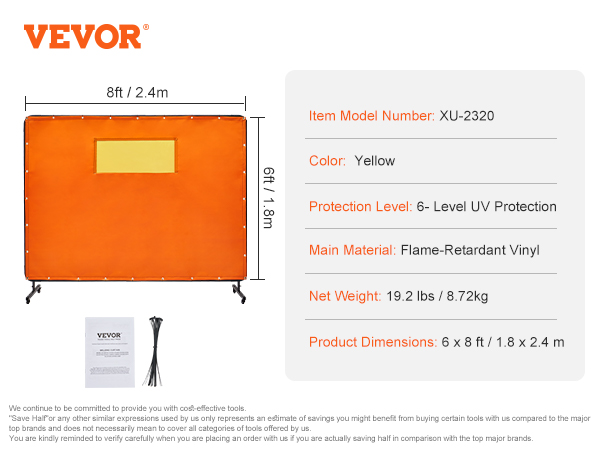 VEVOR welding screen, 8x6 ft, flame-retardant vinyl, level 6 uv protection, yellow, includes manual and ties.