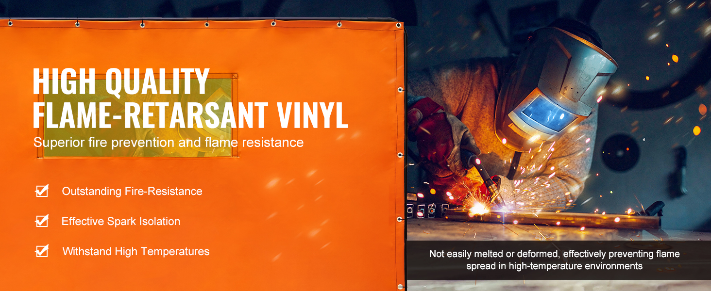 VEVOR welding screen: high-quality flame-retardant vinyl, effective in spark isolation and fire resistance.