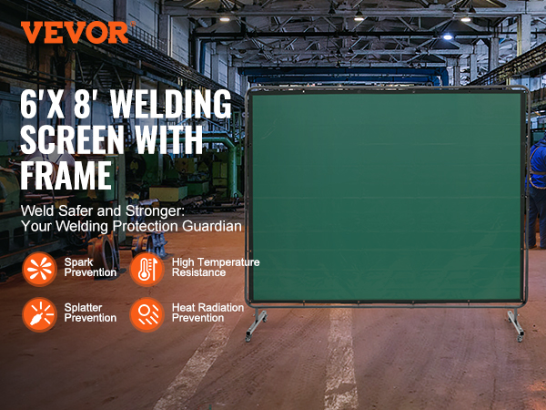 VEVOR welding screen: 6'x 8' frame in a workshop, offering spark, splatter, heat, and radiation protection.