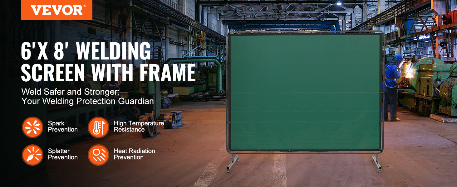 VEVOR welding screen: 6'x 8' frame in a workshop, offering spark, splatter, heat, and radiation protection.