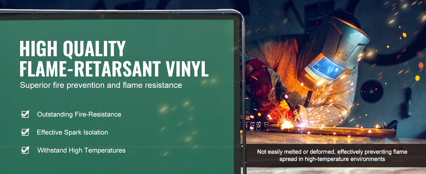 VEVOR welding screen in use, highlighting high-quality flame-retardant vinyl with fire resistance benefits.