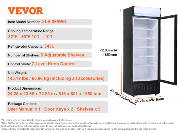 VEVOR commercial refrigerator, model xls-365wg, 345l, 5 adjustable shelves, 7-level knob control.