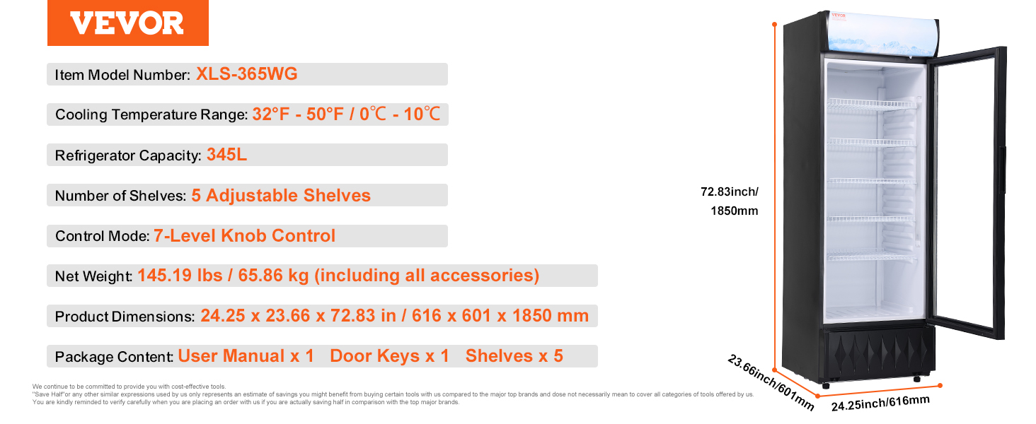 VEVOR commercial refrigerator, model xls-365wg, 345l, 5 adjustable shelves, 7-level knob control.