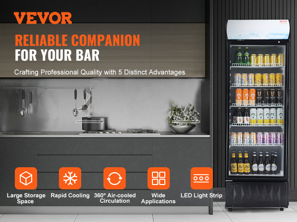 VEVOR commercial refrigerator in modern bar kitchen with large storage, rapid cooling, led light strip.