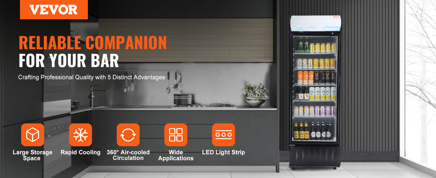 VEVOR commercial refrigerator in modern bar kitchen with large storage, rapid cooling, led light strip.