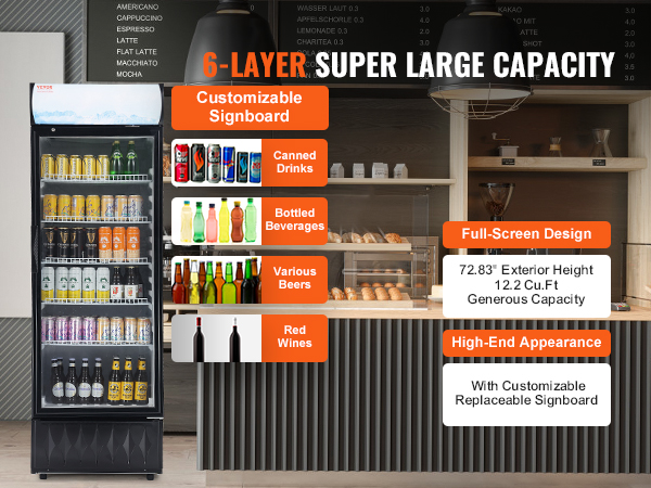 VEVOR commercial refrigerator in a bakery setting with customizable signboard, showcasing canned drinks, bottled beverages
