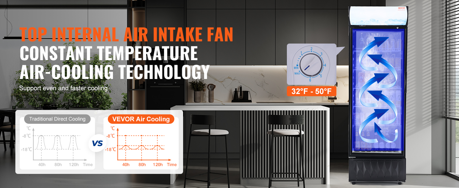 VEVOR commercial refrigerator with internal air intake fan and constant temperature air-cooling technology