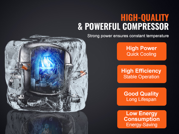 high-quality and powerful VEVOR commercial refrigerator compressor highlighted with key features.