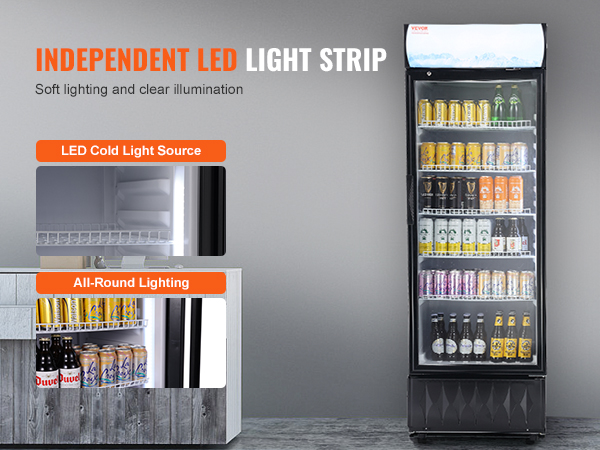 VEVOR commercial refrigerator with independent led light strip, showcasing drinks under soft lighting.
