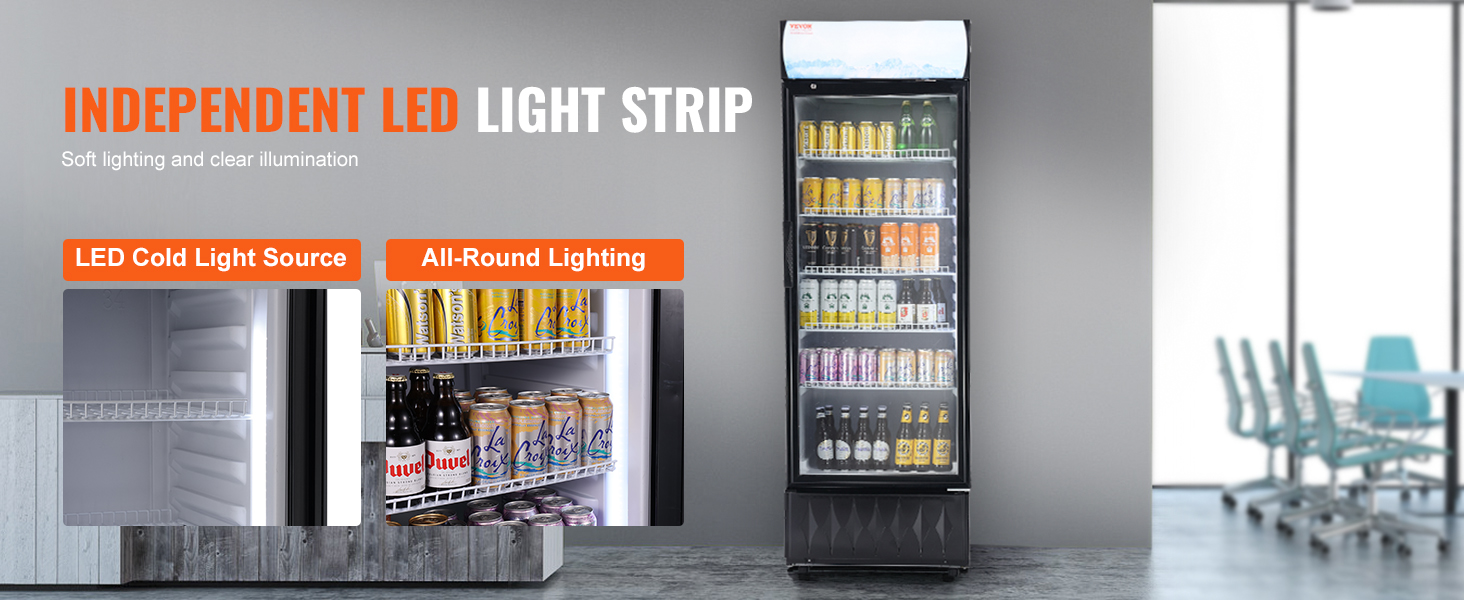 VEVOR commercial refrigerator with independent led light strip, showcasing drinks under soft lighting.