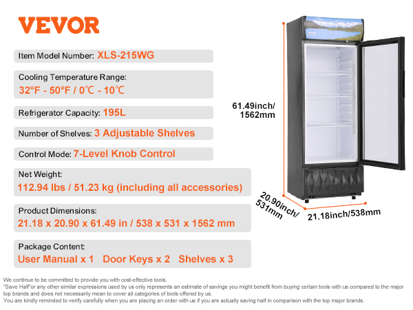VEVOR commercial merchandiser refrigerator with a 195l capacity, 3 adjustable shelves, and 7-level knob control.
