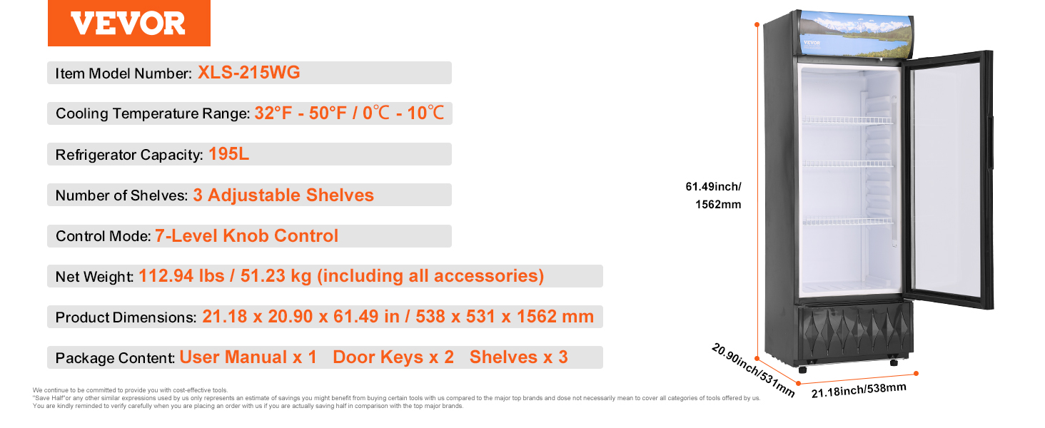 VEVOR commercial merchandiser refrigerator with a 195l capacity, 3 adjustable shelves, and 7-level knob control.