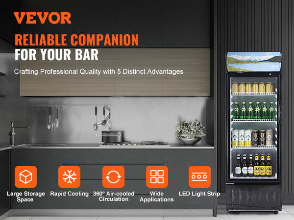 VEVOR commercial merchandiser refrigerator in modern kitchen, highlighting cooling and storage benefits.