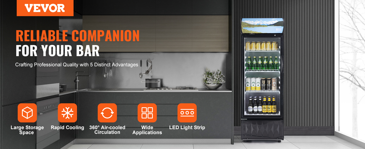 VEVOR commercial merchandiser refrigerator in modern kitchen, highlighting cooling and storage benefits.