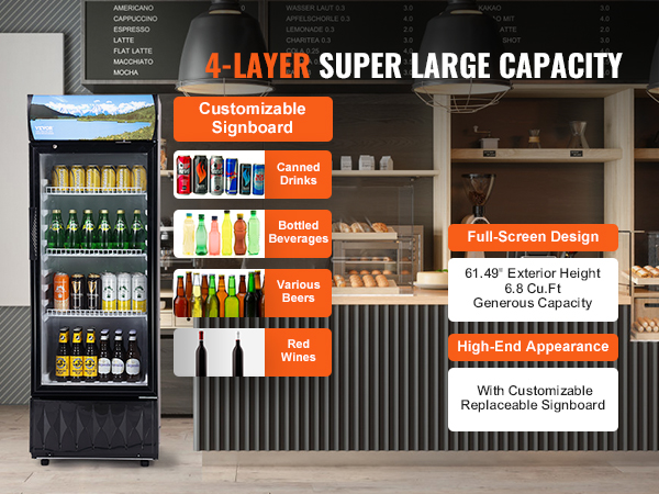 VEVOR commercial merchandiser refrigerator showcasing drinks, customizable signboard, and large capacity.