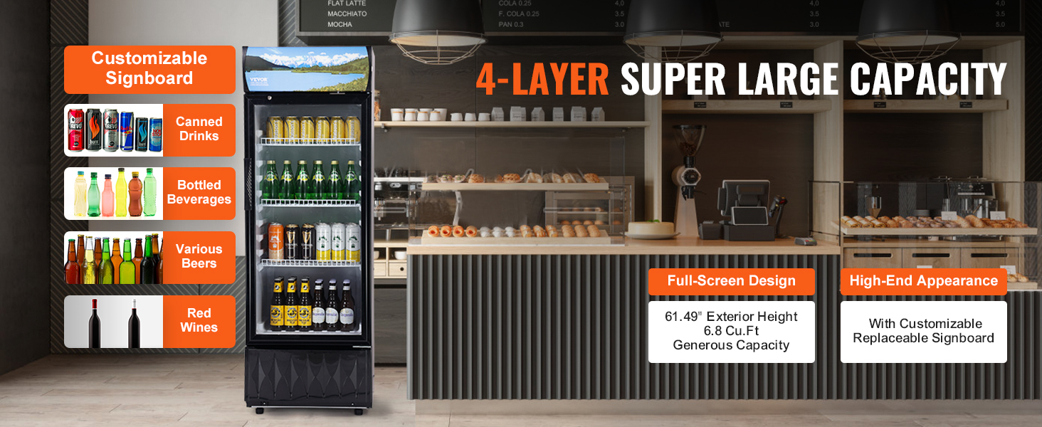 VEVOR commercial merchandiser refrigerator showcasing drinks, customizable signboard, and large capacity.