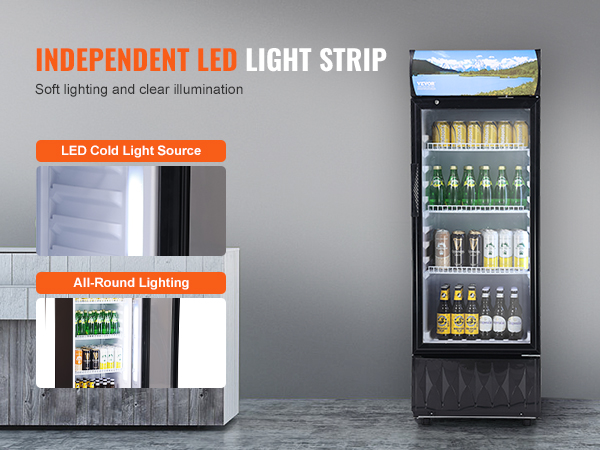 VEVOR commercial merchandiser refrigerator with led lights, bottles and cans displayed on shelves.