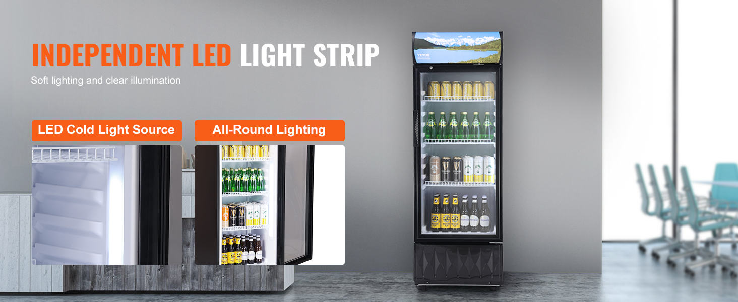 VEVOR commercial merchandiser refrigerator with led lights, bottles and cans displayed on shelves.