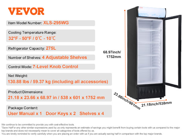 VEVOR commercial merchandiser refrigerator with four adjustable shelves, 275l capacity, and 7-level knob control.