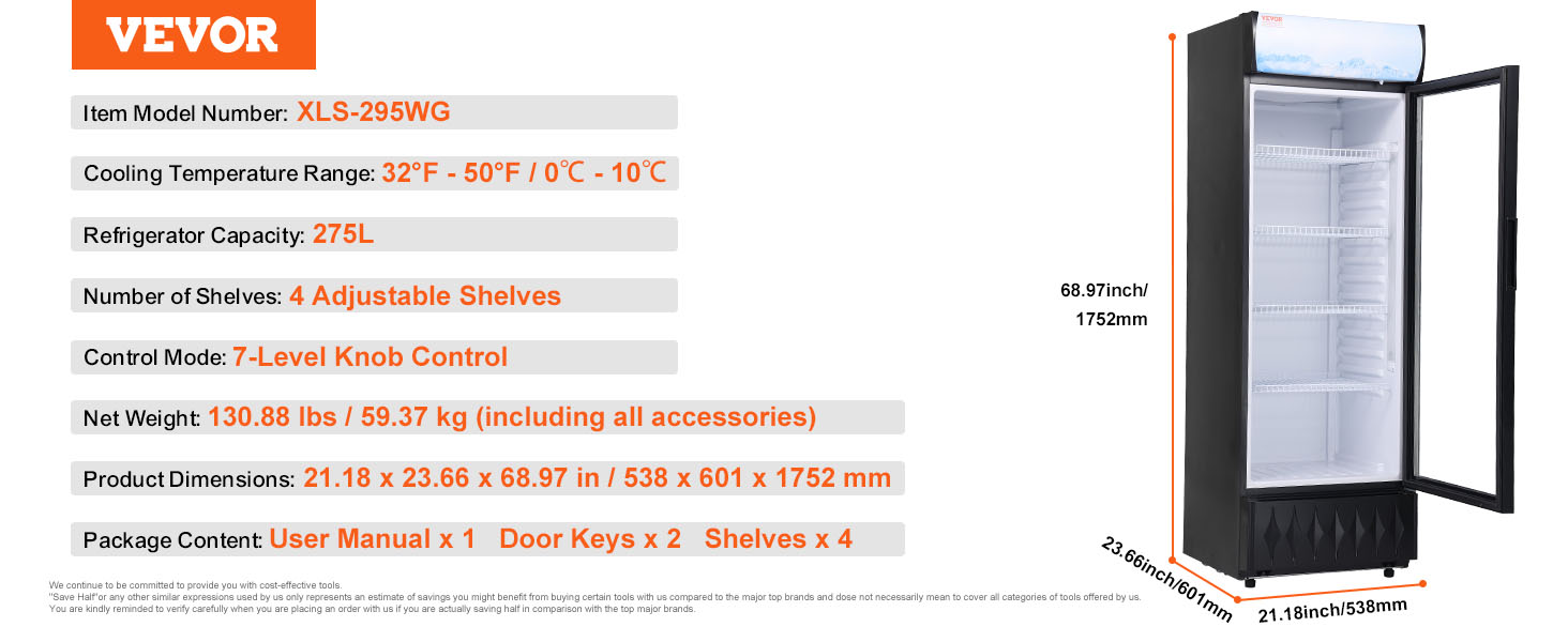 VEVOR commercial merchandiser refrigerator with four adjustable shelves, 275l capacity, and 7-level knob control.