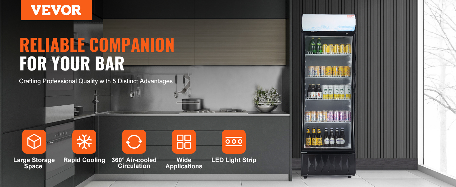 VEVOR commercial merchandiser refrigerator in a modern kitchen with text highlighting its key features.