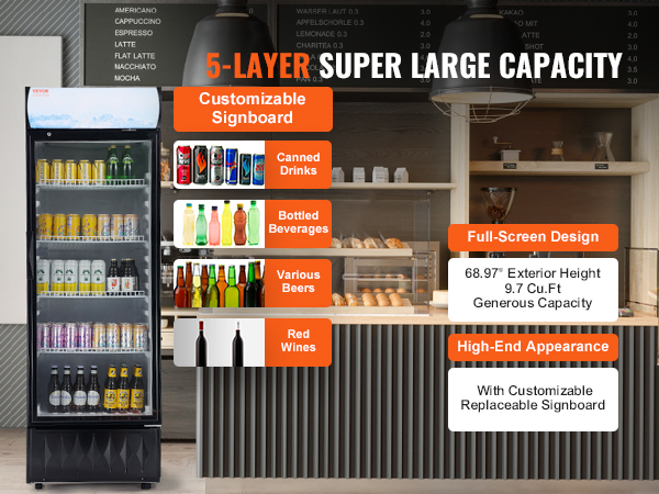 VEVOR commercial merchandiser refrigerator with 5-layer shelves for drinks and customizable signboard.