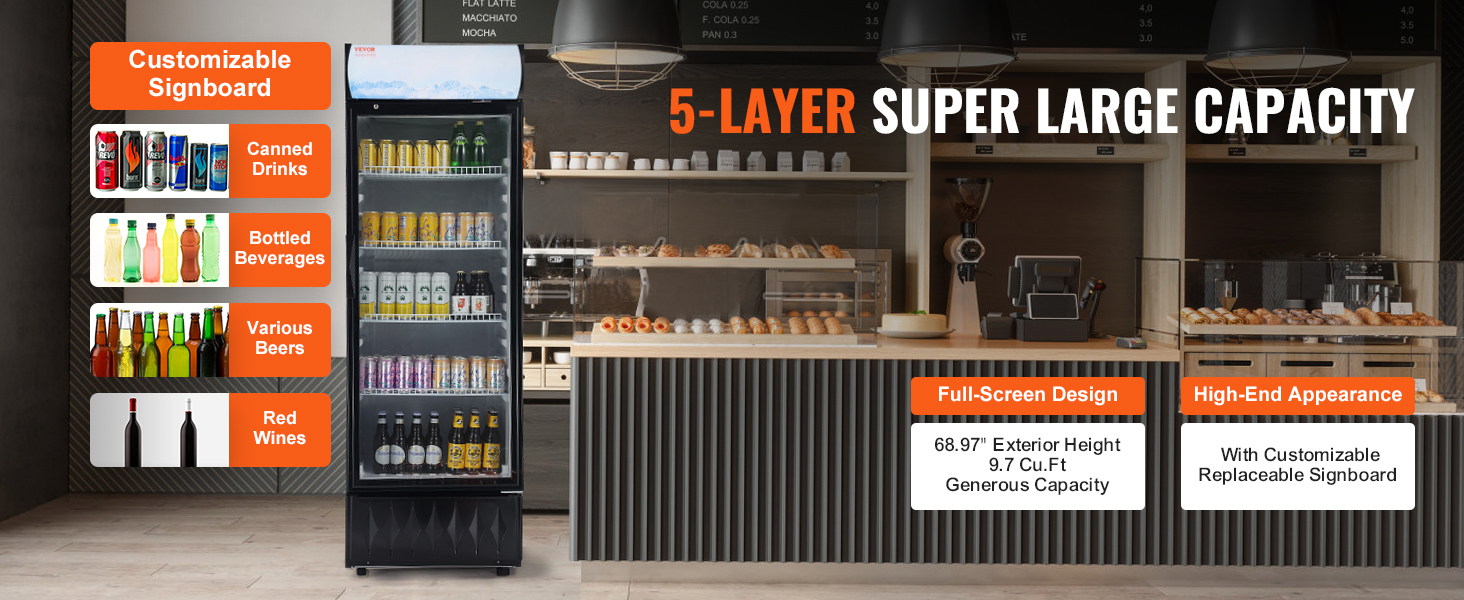 VEVOR commercial merchandiser refrigerator with 5-layer shelves for drinks and customizable signboard.