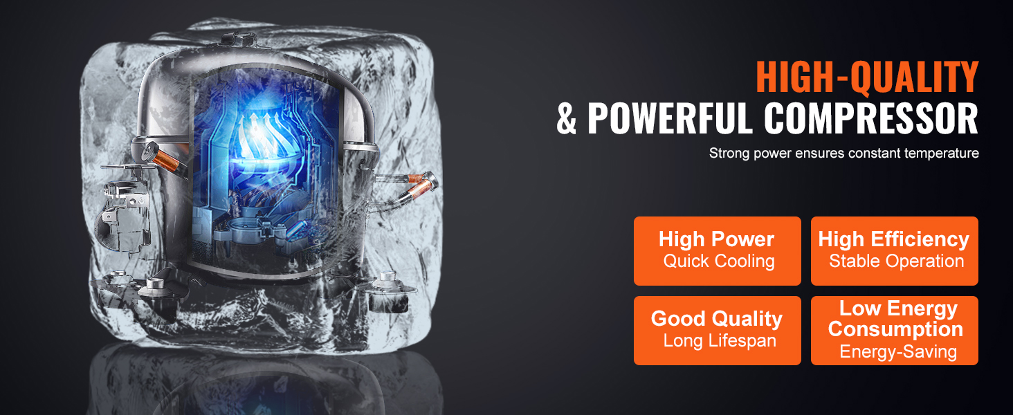 powerful compressor for VEVOR commercial merchandiser refrigerator; high power, efficiency, and energy-saving.