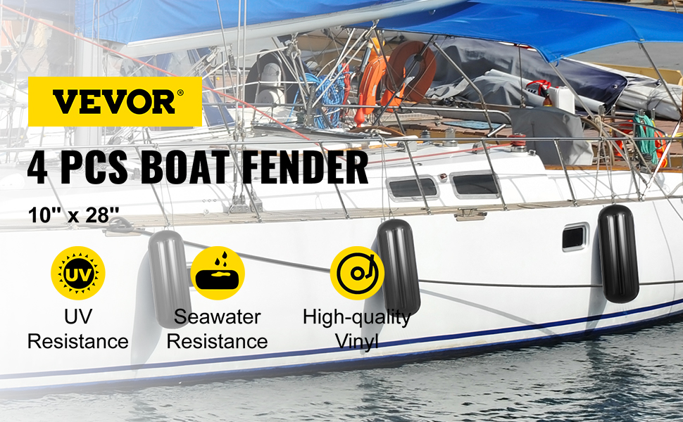 VEVOR boat fenders on a white boat with uv, seawater resistance, and high-quality vinyl.
