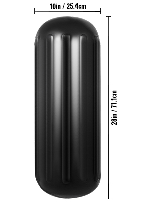 black VEVOR boat fender, size 10 x 28 inches, vertical ribbed design.