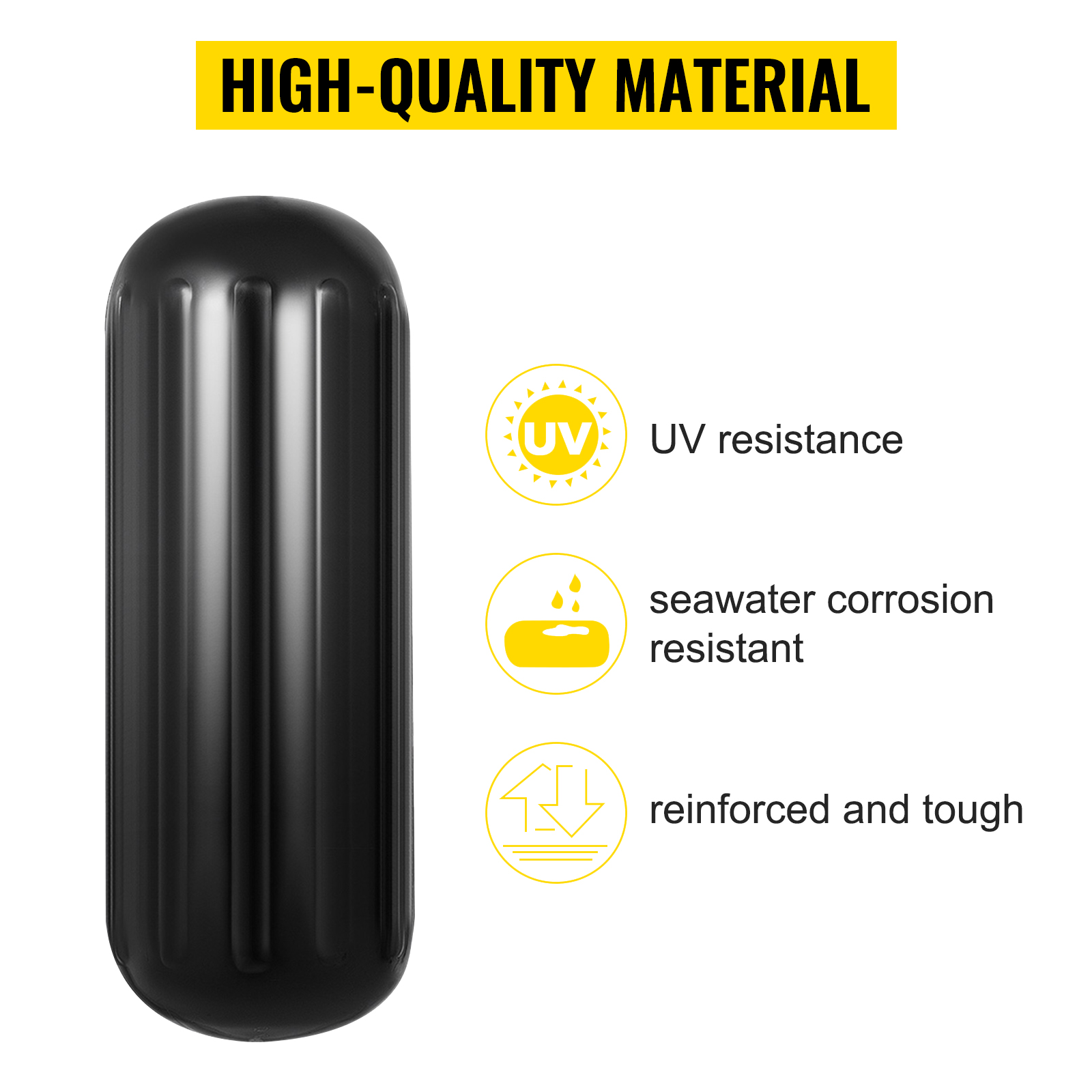 VEVOR boat fenders: uv resistant, seawater corrosion resistant, reinforced tough material.