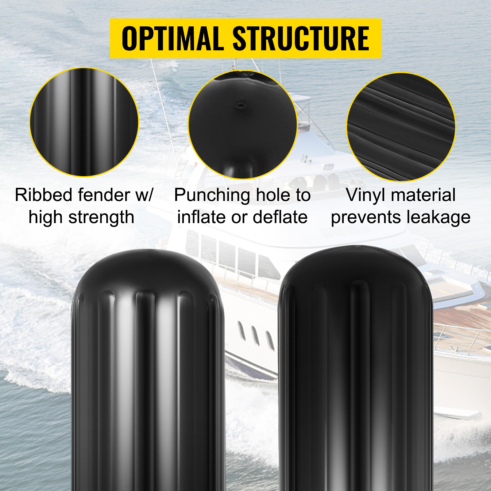 black VEVOR boat fenders with optimal structure, ribbed design, and vinyl material.